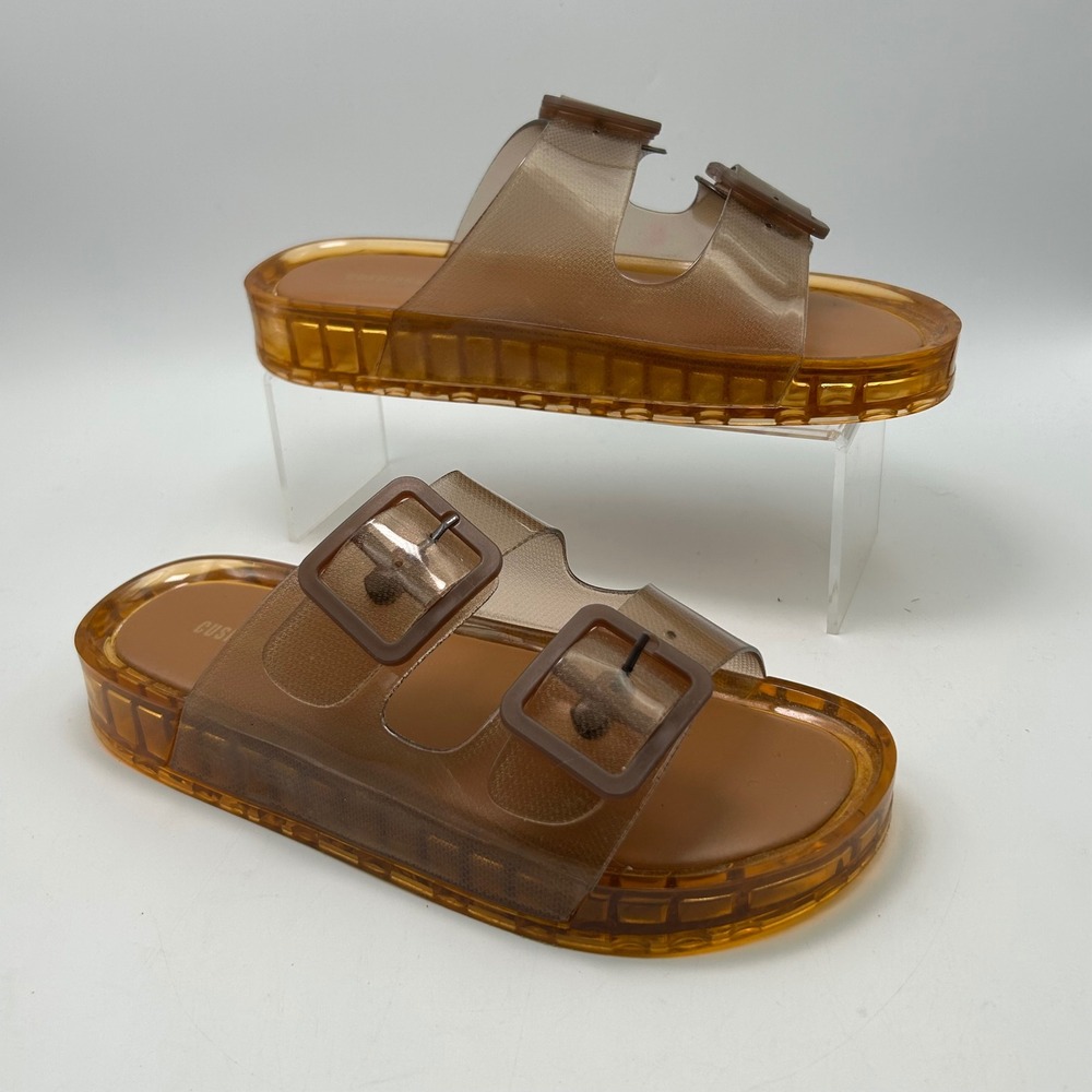 Cushionaire Jelly Slide Sandals Womens 7 Brown Amber Double Buckle Y2K Retro